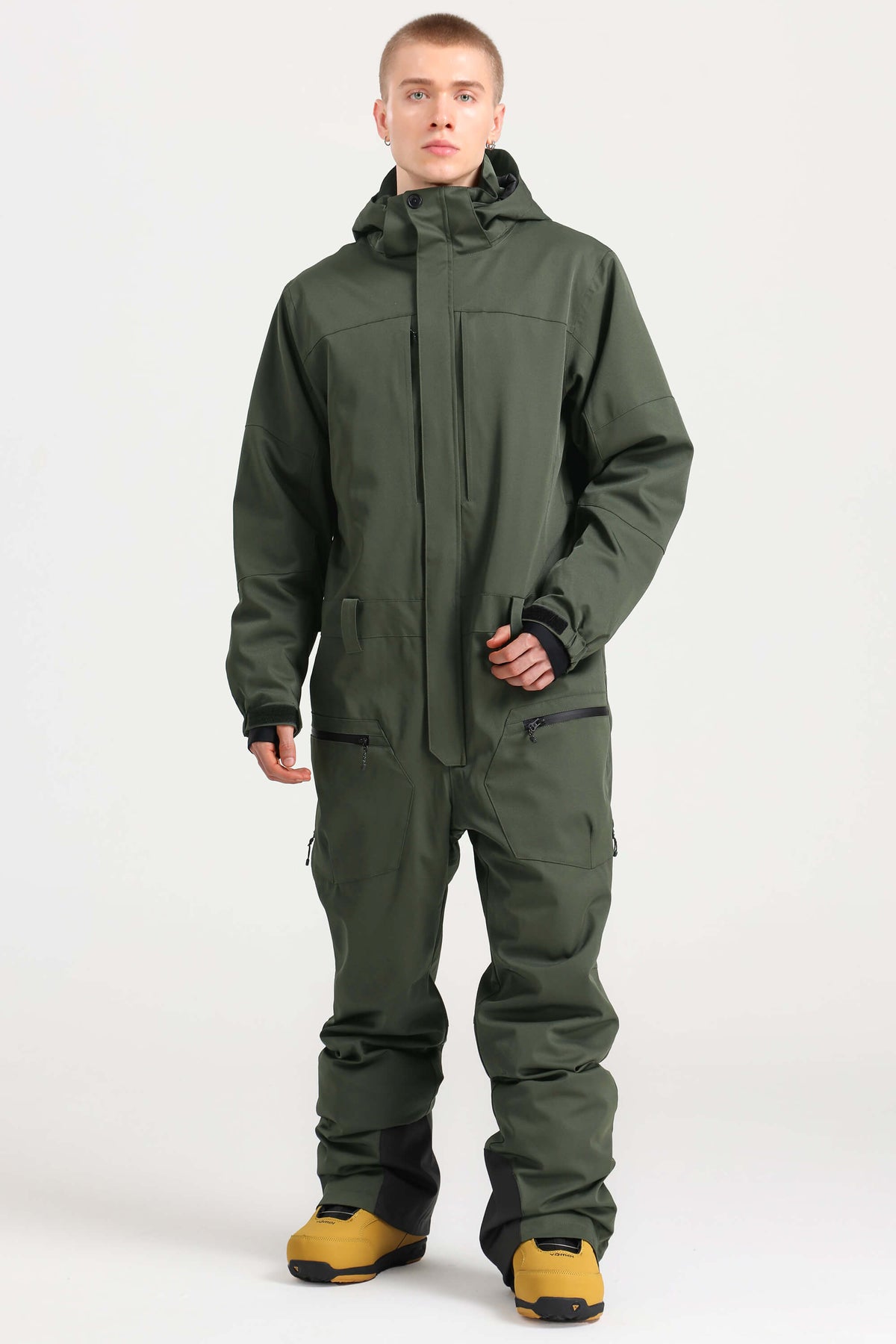 Men's Army Green Stylish Waterproof & Windproof Loose-Fit One-Piece Ski Suit with Detachable Hood & Multipockets