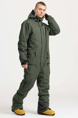 Men's Army Green Stylish Waterproof & Windproof Loose-Fit One-Piece Ski Suit with Detachable Hood & Multipockets