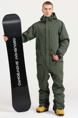 Men's Army Green Stylish Waterproof & Windproof Loose-Fit One-Piece Ski Suit with Detachable Hood & Multipockets