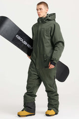 Men's Army Green Stylish Waterproof & Windproof Loose-Fit One-Piece Ski Suit with Detachable Hood & Multipockets
