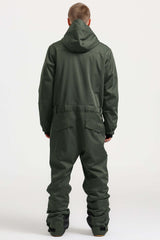 Men's Army Green Stylish Waterproof & Windproof Loose-Fit One-Piece Ski Suit with Detachable Hood & Multipockets