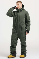 Men's Off White Stylish Waterproof & Windproof Loose-Fit One-Piece Ski Suit with Detachable Hood & Multipockets