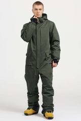 Men's Army Green Stylish Waterproof & Windproof Loose-Fit One-Piece Ski Suit with Detachable Hood & Multipockets