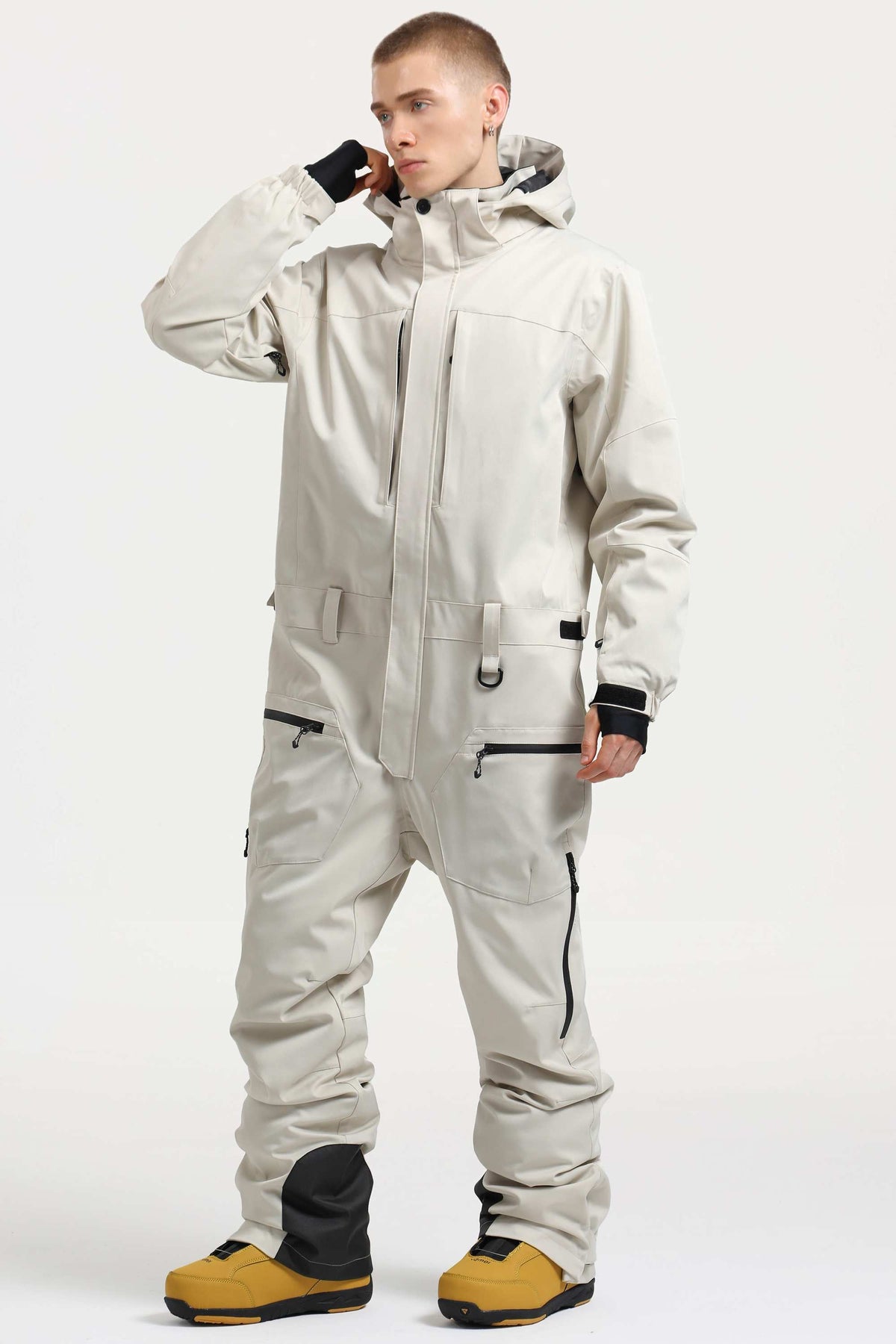 Men's Off White Stylish Waterproof & Windproof Loose-Fit One-Piece Ski Suit with Detachable Hood & Multipockets