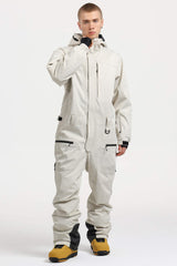 Men's Off White Stylish Waterproof & Windproof Loose-Fit One-Piece Ski Suit with Detachable Hood & Multipockets