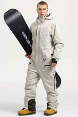 Men's Black Stylish Waterproof & Windproof Loose-Fit One-Piece Ski Suit with Detachable Hood & Multipockets