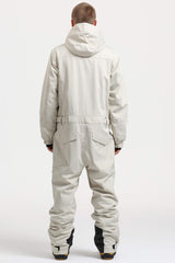 Men's Off White Stylish Waterproof & Windproof Loose-Fit One-Piece Ski Suit with Detachable Hood & Multipockets