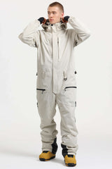 Men's Khaki Stylish Waterproof & Windproof Loose-Fit One-Piece Ski Suit with Detachable Hood & Multipockets