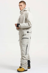 Men's Off White Stylish Waterproof & Windproof Loose-Fit One-Piece Ski Suit with Detachable Hood & Multipockets