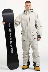Men's Army Green Stylish Waterproof & Windproof Loose-Fit One-Piece Ski Suit with Detachable Hood & Multipockets
