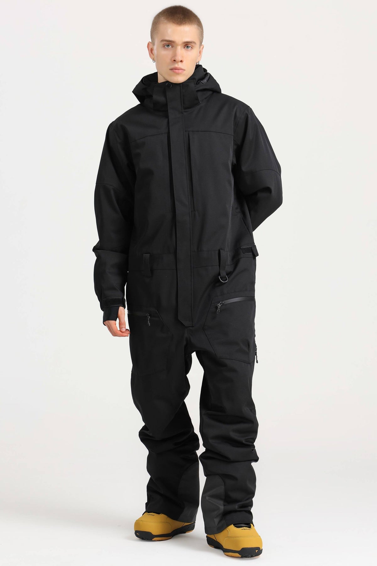 Men's Black Stylish Waterproof & Windproof Loose-Fit One-Piece Ski Suit with Detachable Hood & Multipockets