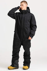 Men's Black Stylish Waterproof & Windproof Loose-Fit One-Piece Ski Suit with Detachable Hood & Multipockets