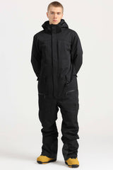 Men's Black Stylish Waterproof & Windproof Loose-Fit One-Piece Ski Suit with Detachable Hood & Multipockets