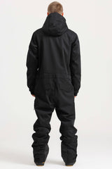 Men's Black Stylish Waterproof & Windproof Loose-Fit One-Piece Ski Suit with Detachable Hood & Multipockets