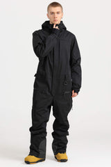 Men's Peacock Blue Stylish Waterproof & Windproof Loose-Fit One-Piece Ski Suit with Detachable Hood & Multipockets