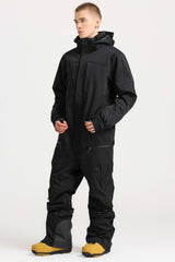 Men's Black Stylish Waterproof & Windproof Loose-Fit One-Piece Ski Suit with Detachable Hood & Multipockets