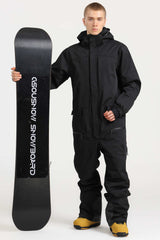 Men's Black Stylish Waterproof & Windproof Loose-Fit One-Piece Ski Suit with Detachable Hood & Multipockets