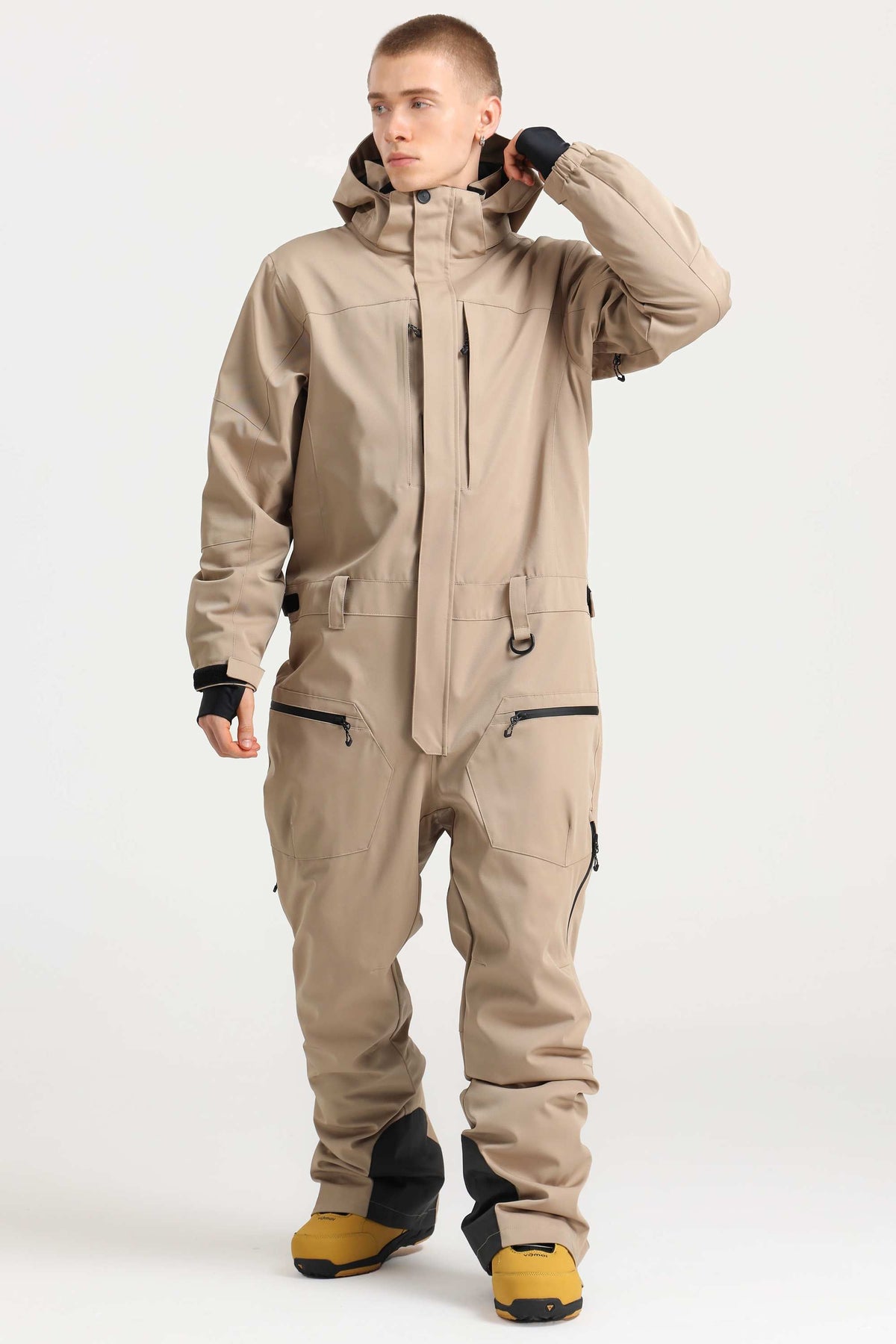 Men's Khaki Stylish Waterproof & Windproof Loose-Fit One-Piece Ski Suit with Detachable Hood & Multipockets