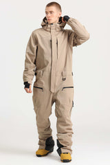 Men's Khaki Stylish Waterproof & Windproof Loose-Fit One-Piece Ski Suit with Detachable Hood & Multipockets