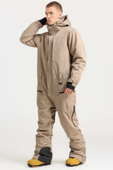 Men's Khaki Stylish Waterproof & Windproof Loose-Fit One-Piece Ski Suit with Detachable Hood & Multipockets