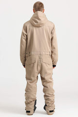 Men's Khaki Stylish Waterproof & Windproof Loose-Fit One-Piece Ski Suit with Detachable Hood & Multipockets