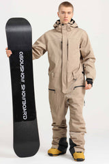 Men's Khaki Stylish Waterproof & Windproof Loose-Fit One-Piece Ski Suit with Detachable Hood & Multipockets