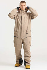 Men's Khaki Stylish Waterproof & Windproof Loose-Fit One-Piece Ski Suit with Detachable Hood & Multipockets