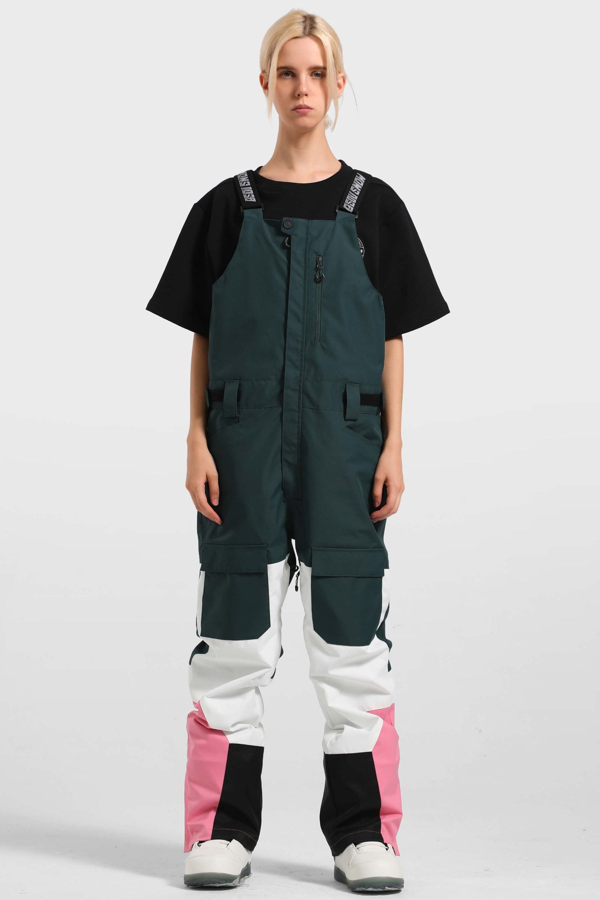 Women's Green & White Multi-Pocket Snow Bibs