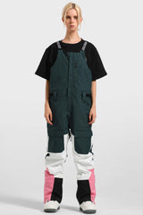 Women's Green & White Multi-Pocket Snow Bibs