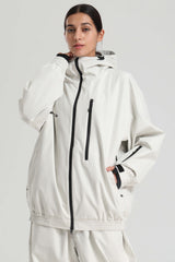 Women's Off-White Washed Effect Minimalist Multi-Pocket Waterproof Snow Jacket