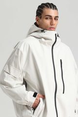 Men's Off-White Washed Effect Minimalist Multi-Pocket Waterproof Snow Jacket