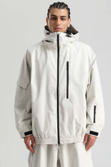 Men's Khaki Washed Effect Minimalist Multi-Pocket Waterproof Snow Jacket