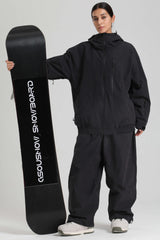 Women's Black Washed Effect Minimalist Multi-Pocket Waterproof Snow Jacket