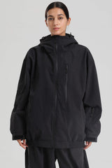 Women's Black Washed Effect Minimalist Multi-Pocket Waterproof Snow Jacket