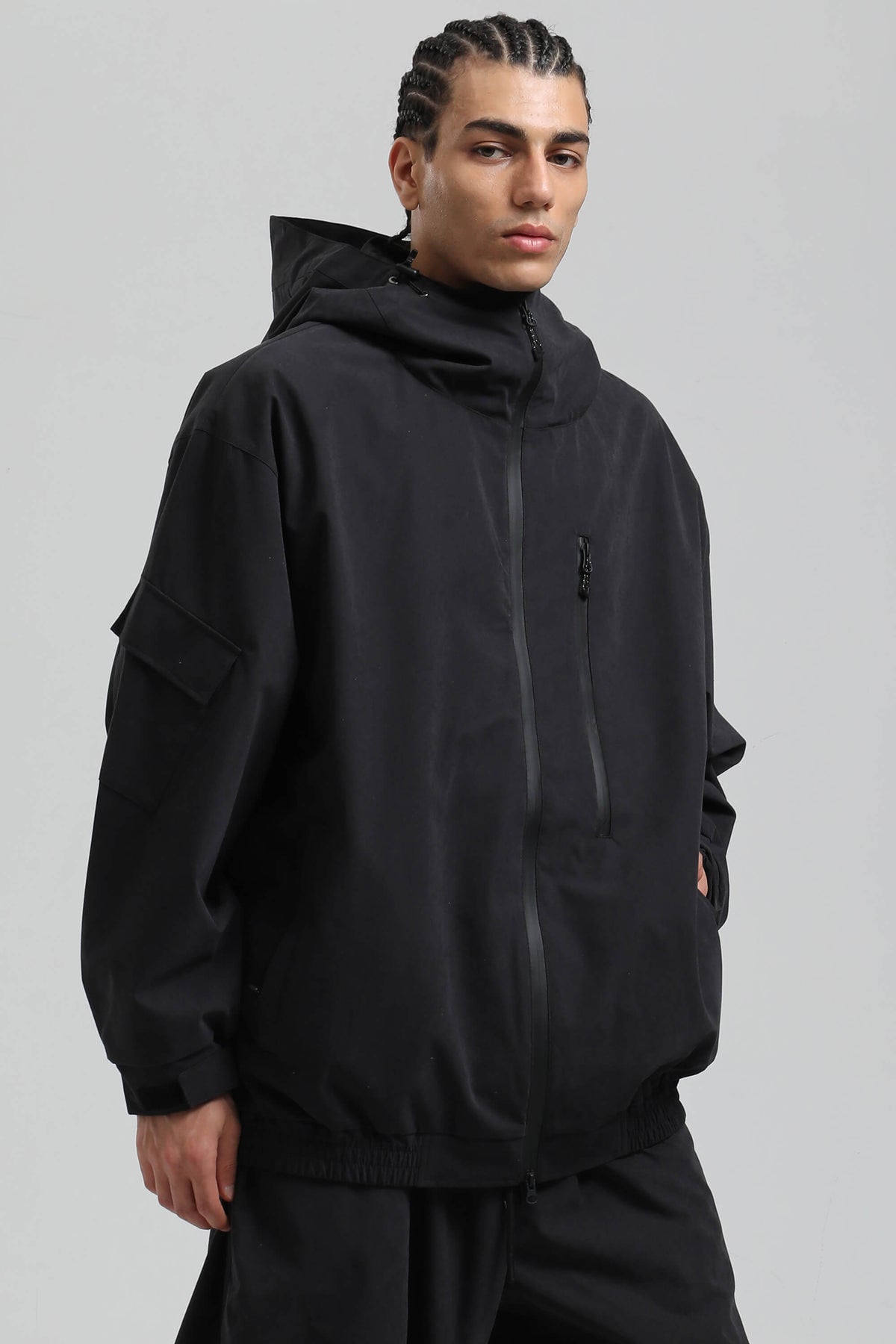 Men's Black Washed Effect Minimalist Multi-Pocket Waterproof Snow Jacket