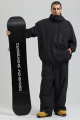 Men's Black Washed Effect Minimalist Multi-Pocket Waterproof Snow Jacket