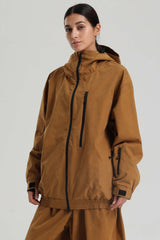 Women's Caramel Washed Effect Minimalist Multi-Pocket Waterproof Snow Jacket