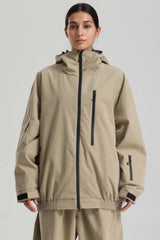 Women's Khaki Washed Effect Minimalist Multi-Pocket Waterproof Snow Jacket