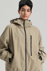 Women's Khaki Washed Effect Minimalist Multi-Pocket Waterproof Snow Jacket