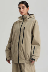 Women's Khaki Washed Effect Minimalist Multi-Pocket Waterproof Snow Jacket