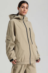 Women's Khaki Washed Effect Minimalist Multi-Pocket Waterproof Snow Jacket