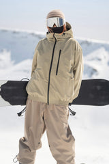 Women's Khaki Washed Effect Minimalist Multi-Pocket Waterproof Snow Jacket