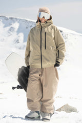 Women's Khaki Washed Effect Minimalist Multi-Pocket Waterproof Snow Jacket