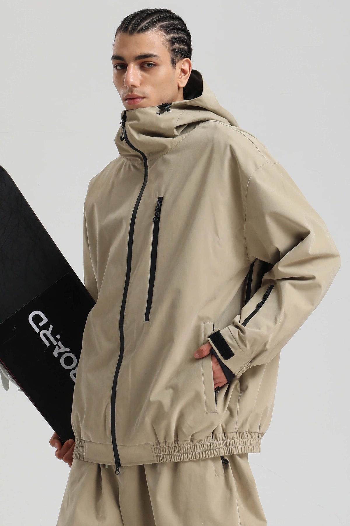 Men's Khaki Washed Effect Minimalist Multi-Pocket Waterproof Snow Jacket