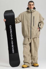 Men's Khaki Washed Effect Minimalist Multi-Pocket Waterproof Snow Jacket