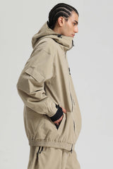 Men's Khaki Washed Effect Minimalist Multi-Pocket Waterproof Snow Jacket