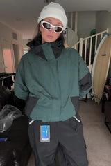 Women's Dark Gray Raglan Sleeve Color Block Waterproof Breathable Snow Jacket