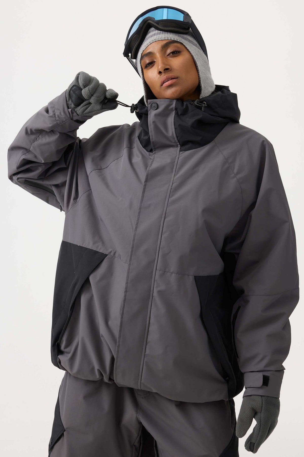 Women's Dark Gray Raglan Sleeve Color Block Waterproof Breathable Snow Jacket