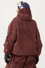 Chaqueta de nieve de pana negra impermeable con mangas de murciélago y bolsillo grande para mujer