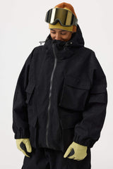 Chaqueta de nieve de pana negra impermeable con mangas de murciélago y bolsillo grande para mujer